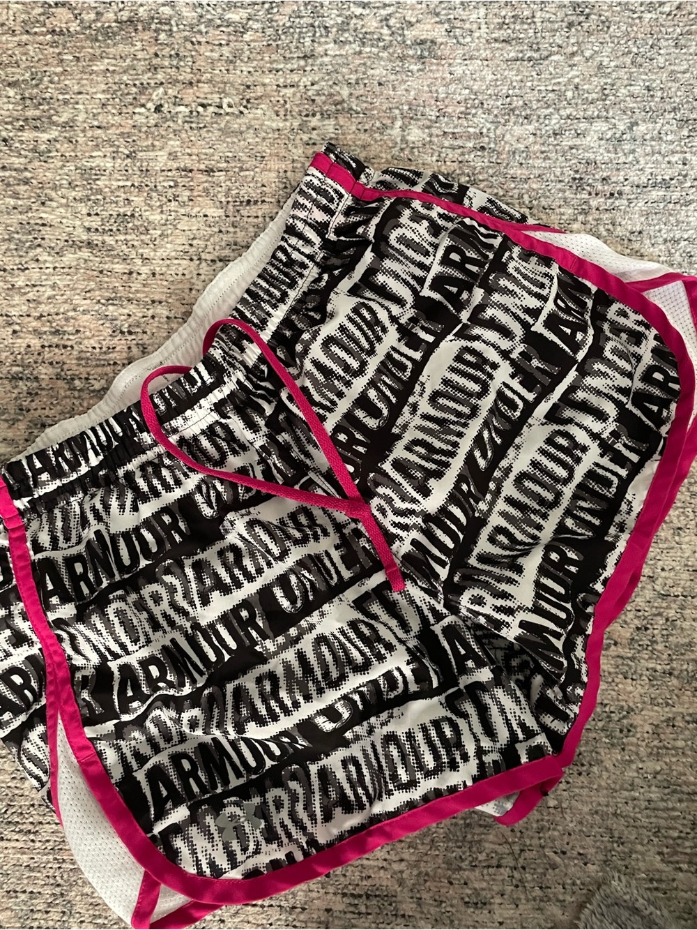 Under Armour ladies Black & White Logo Running Shorts with Pink Trim
